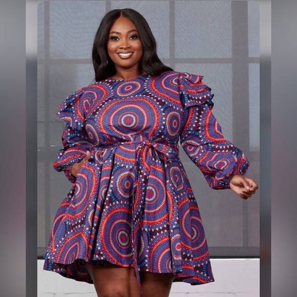 D'IYANU Anola Women's African Print Dress (Red Indigo Circles) NWT 1X - Picture 14 of 14